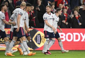 MLS: FC Cincinnati at St. Louis City SC as Rasmus Alm Reacts to a Goal Scored at CITYPARK