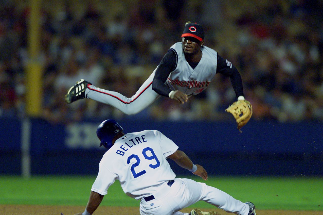 033744.SP.0802.dodgers4.RG –– Dodgers Adrian Beltre upends Reds shortstop Pokey Reese during a doubl